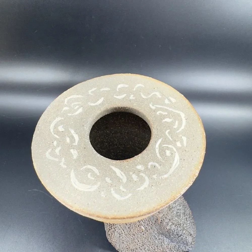 Antique Oriental Hand Made Pottery Vessel Container W Lid Angled Decorative‎ VTG